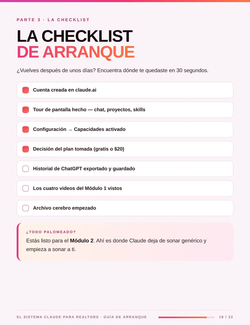 Página del playbook — La checklist de arranque
